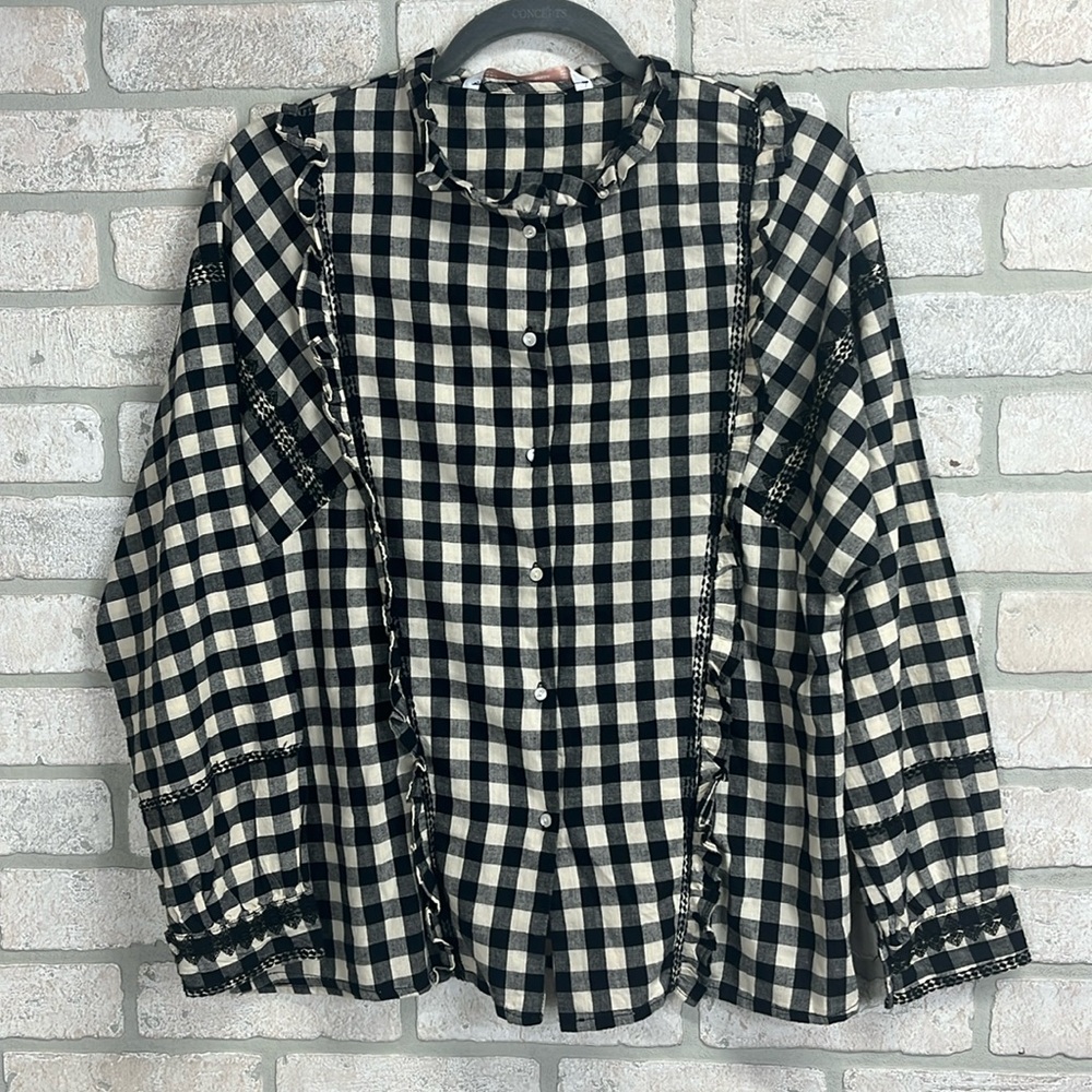 ZARA button down gingham Buffalo plaid embroidered ruffled shirt, small
